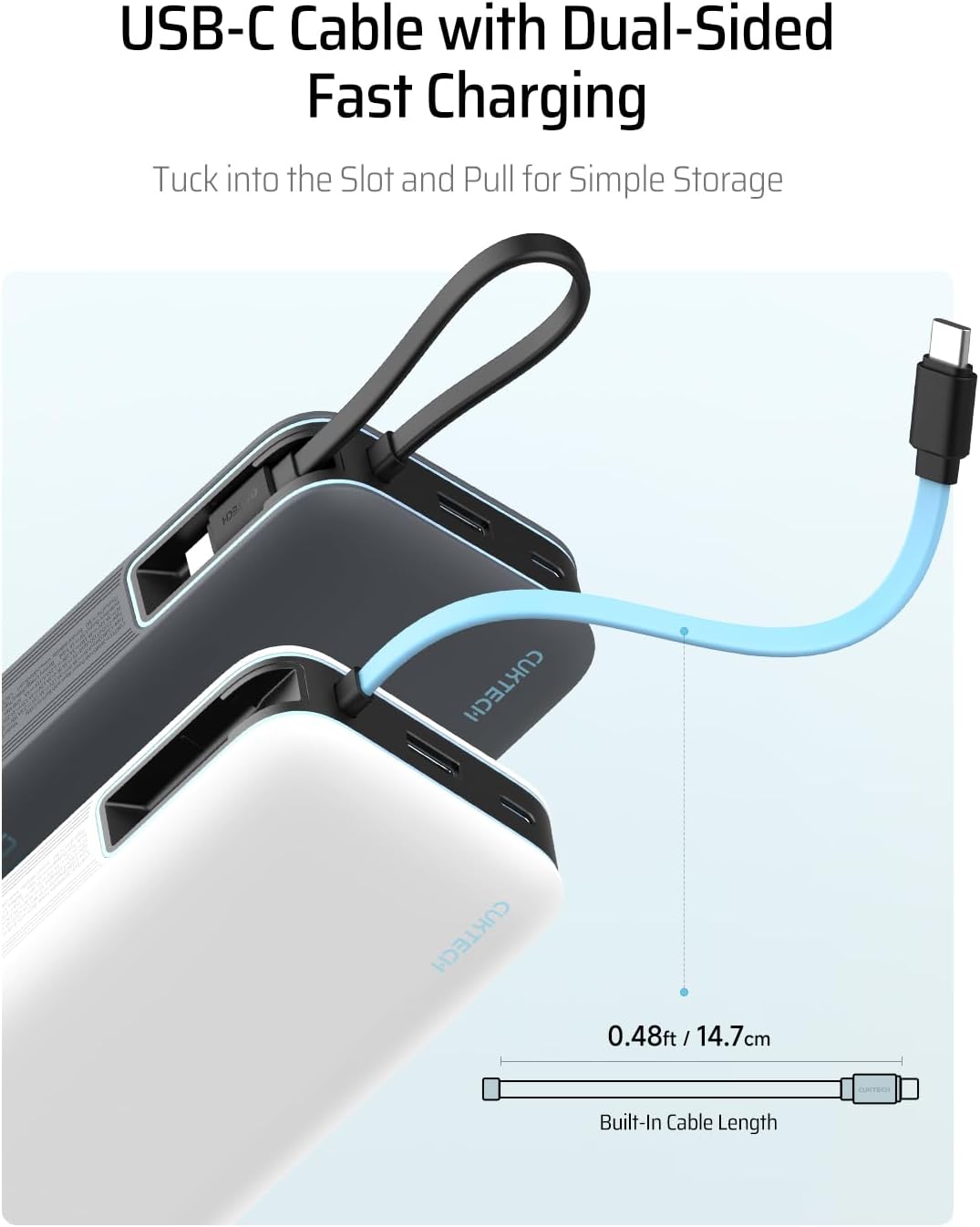 CUKTECH 45W Power Bank 20000mAh, Portable Travel Charger Built-in USB C Cable, Fast Charging Battery Pack for iPhone 16/15/14/13, iPad, Samsung Galaxy, Google Pixel, Android and More (White)