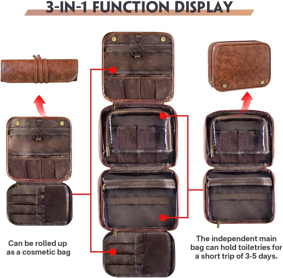 HDSD Custom 3-in-1 PU Leather Toiletry Bag For Men Personalized Hanging Travel Organizer Bag for