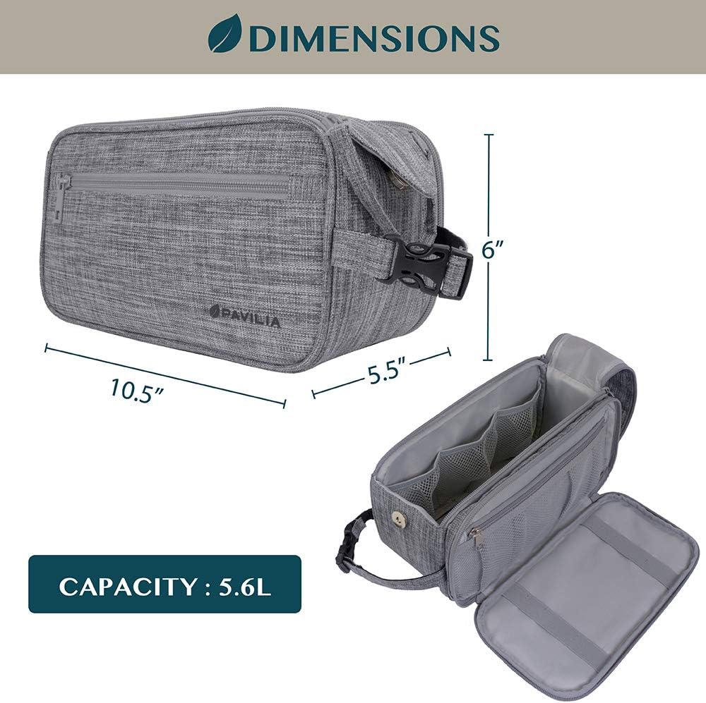 PAVILIA Toiletry Bag for Men, Travel Essentials Shaving Dopp Kit, Mens Travel Bag Toiletries Organizer Case for Grooming, PU Leather Water Resistant Cosmetic Bag Pouch (Heather Grey)