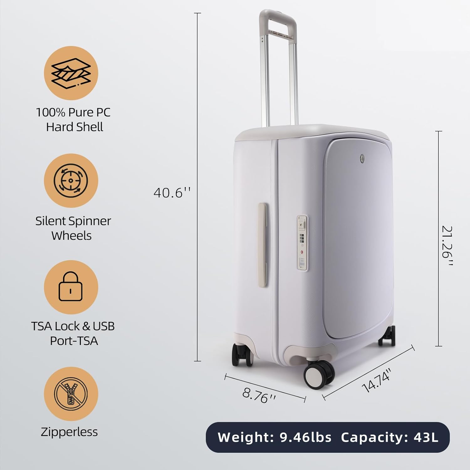 Hang Safe Carry On Luggage,PC Hard Shell Zipperless Bussiness Suitcases,21.3''x15''x9''Airline