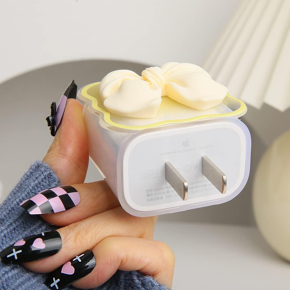 Compatible with iPhone 18W/20W USB-C Charger Cover Cute 3D Bow Tie Design Clear Soft Charger Protector Kawaii Cable Saver for iPhone 11 12 13 14 Pro Max Fast Power Adapter, Beige 2 (5in1)