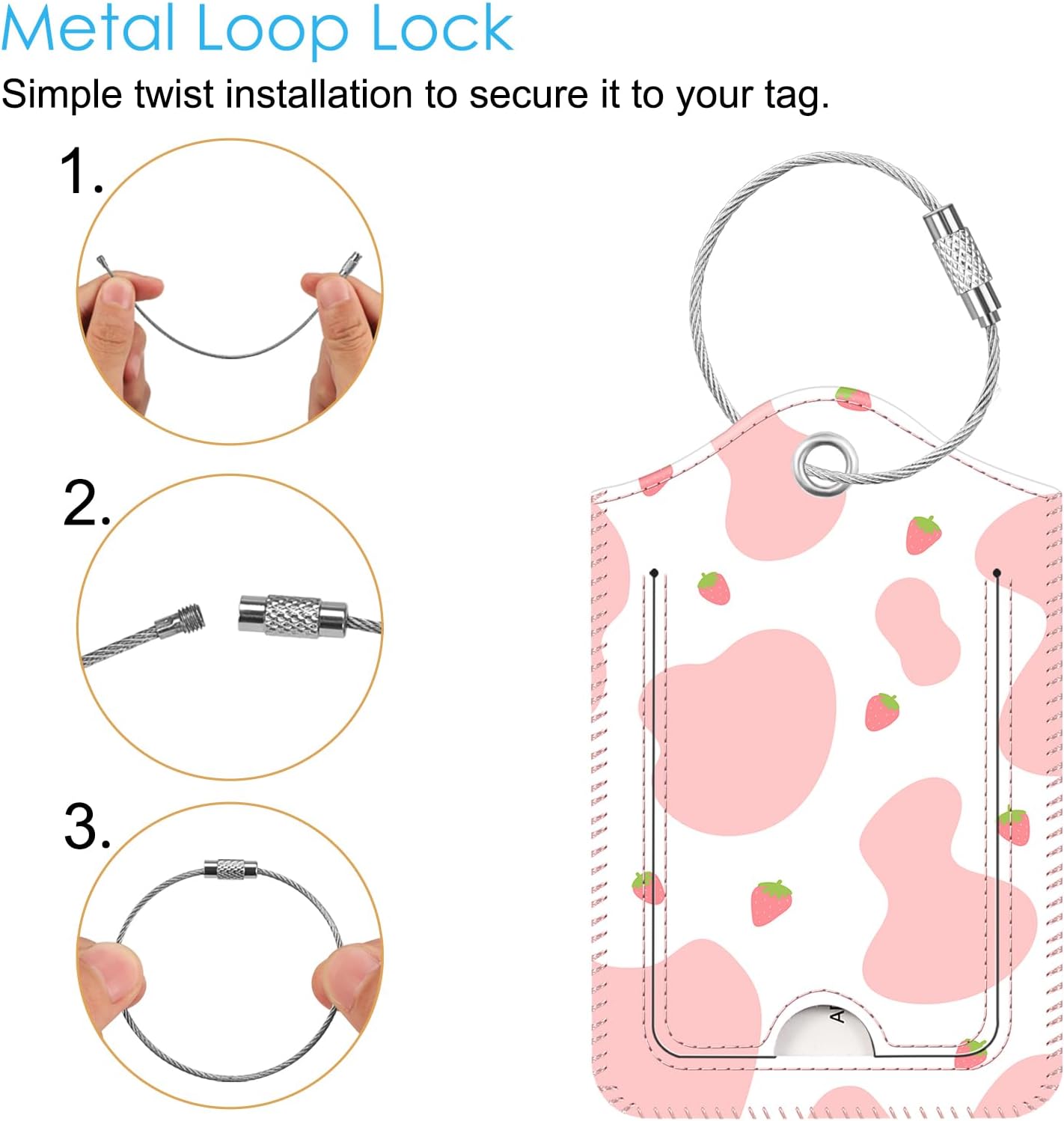 Fintie Luggage Tags, Privacy Cover ID Label with Stainless Steel Loop and Address Card for Travel Bag Suitcase - Strawberry Cow (2 Piece)