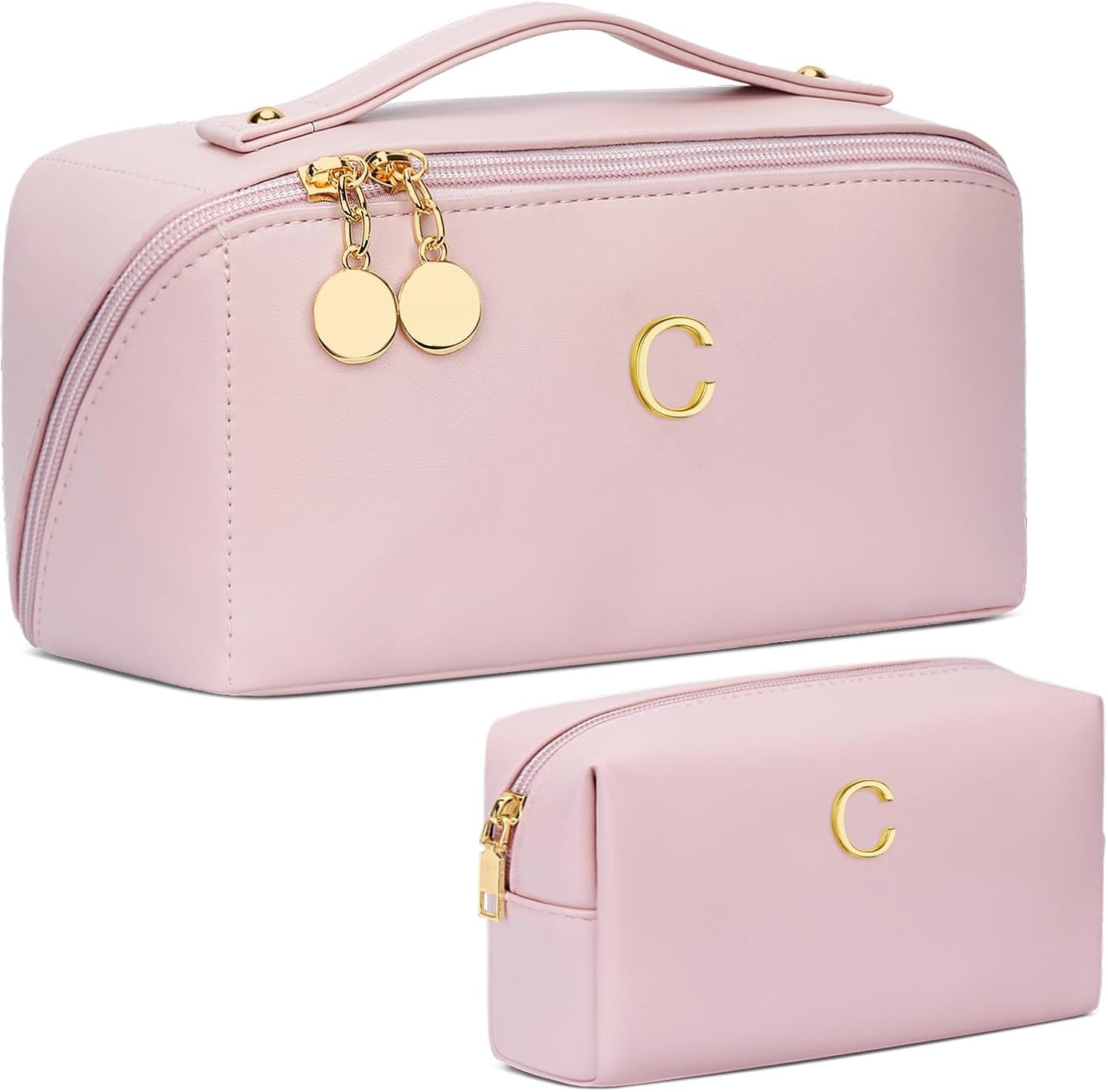 Birthday Gifts for Women Teen Girl, Personalized Initial Makeup Organizer Bag Set, Open Flat Travel Cosmetic Bag With Clear Divider and Handle(Pink,C)