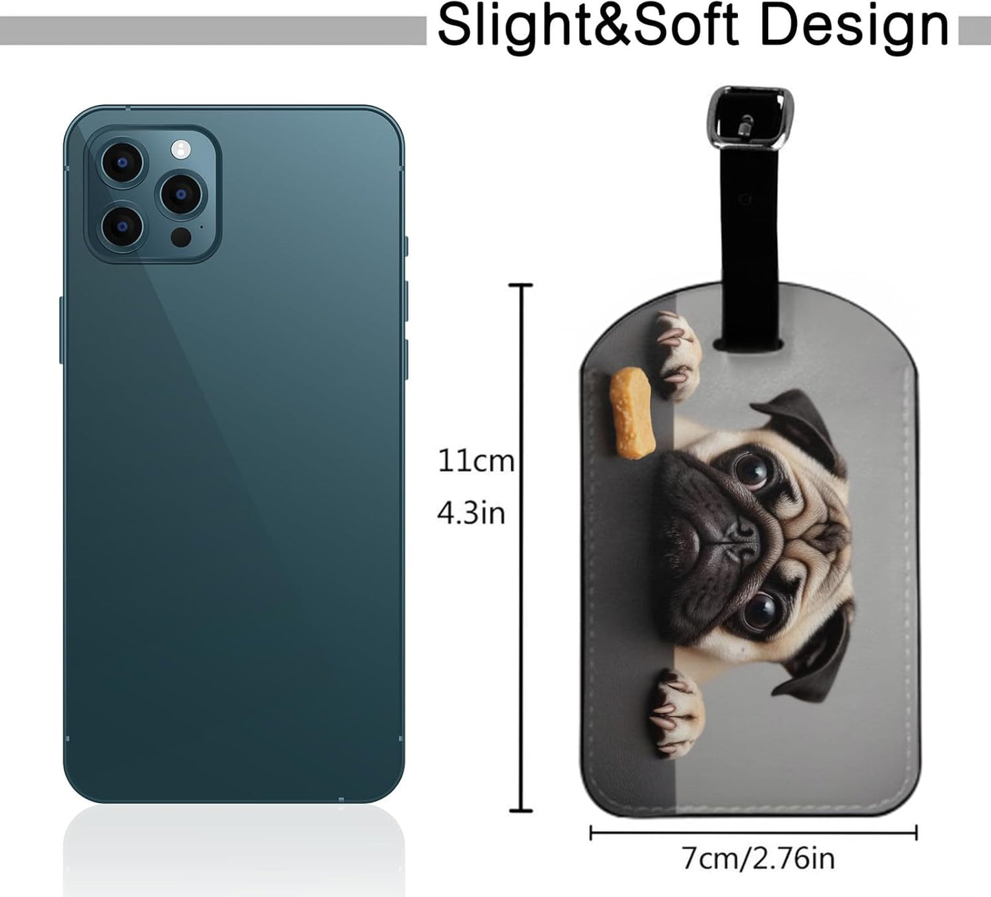 Cute Sad Pug Suitcase Tags Identifiers Adorable Puppy Looks at A Cookie Big Eyes Pet PU Leather ID Label for Women Men Travel Baggage Bag Tags Set, 1 Pack