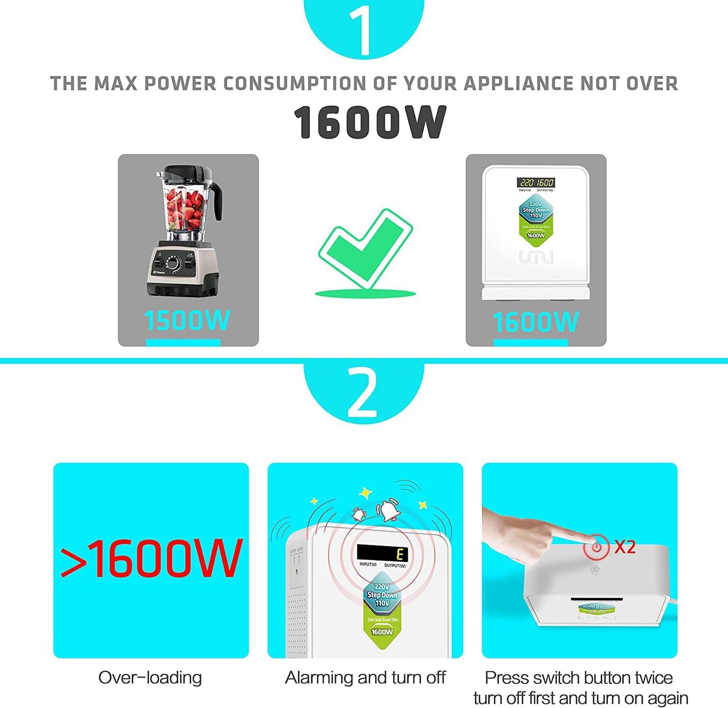 UMI 220V to 110V Voltage Power Converter Step Down Transformer 1600 Watts Capacity with 2 Output