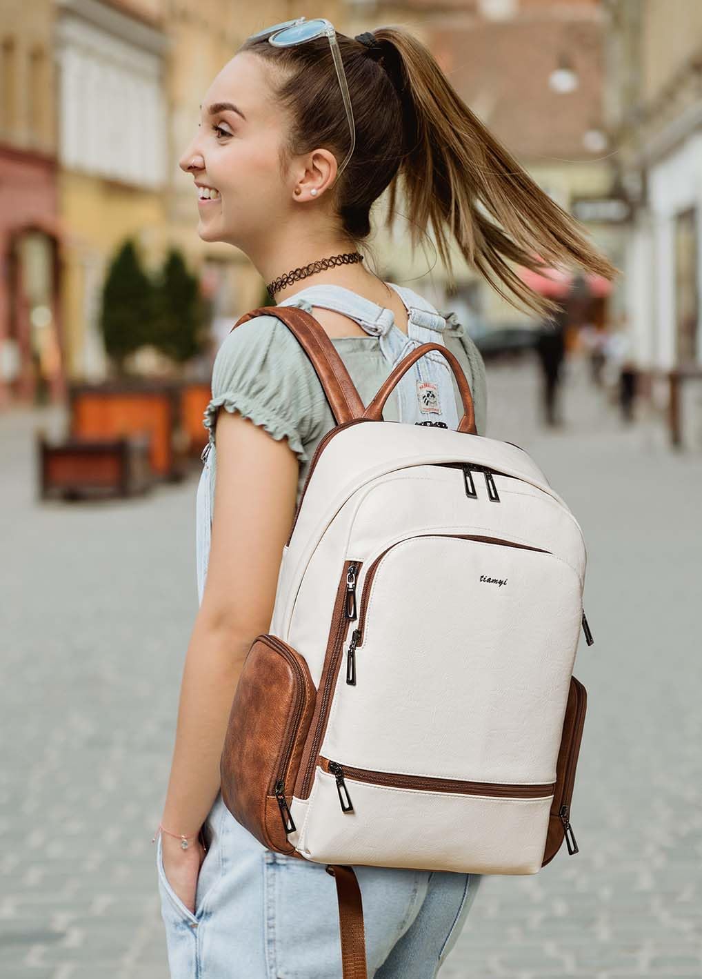 Computer Backpack for Women Soft Leather Back pack with 15.6 inch Laptop Compartment, Designer Ladies Travel Backpack, Beige