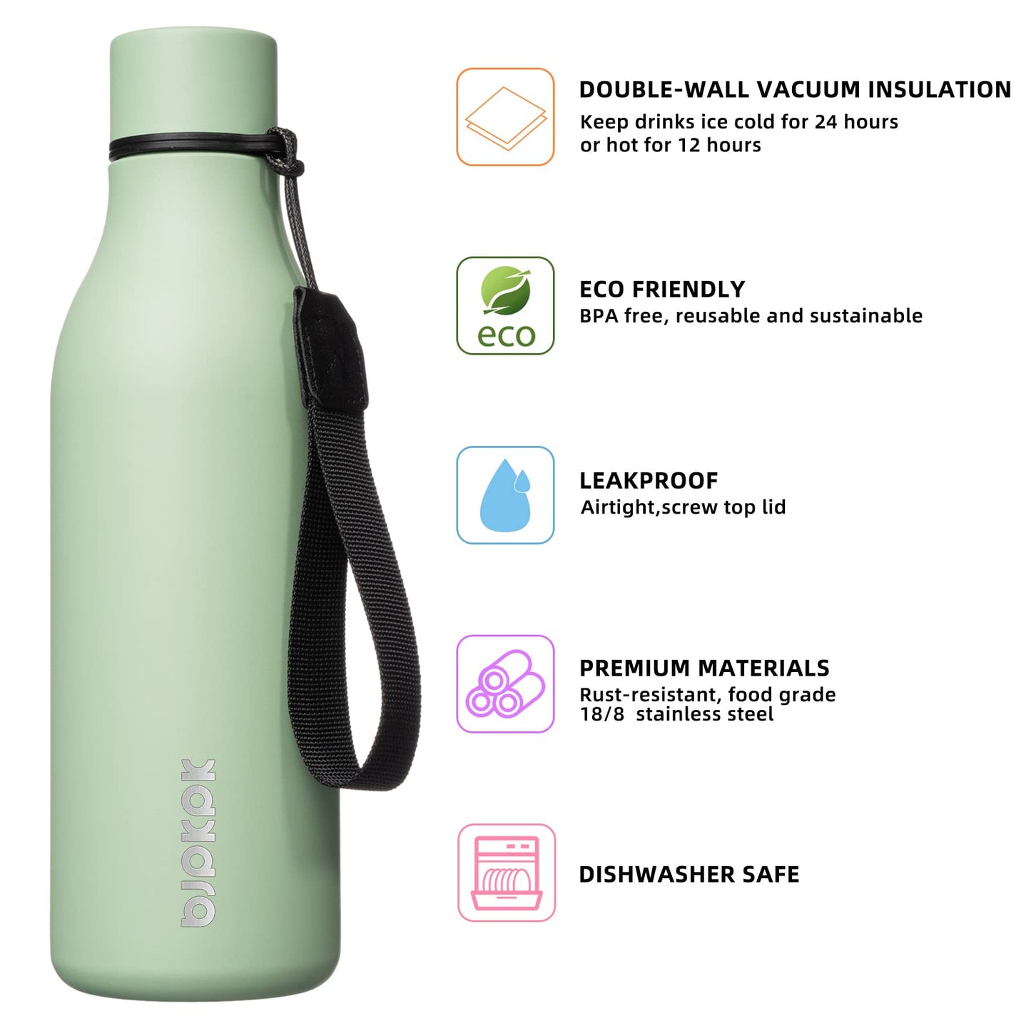 BJPKPK 18oz Insulated Water Bottle, Stainless Steel Bottle with Carry Strap