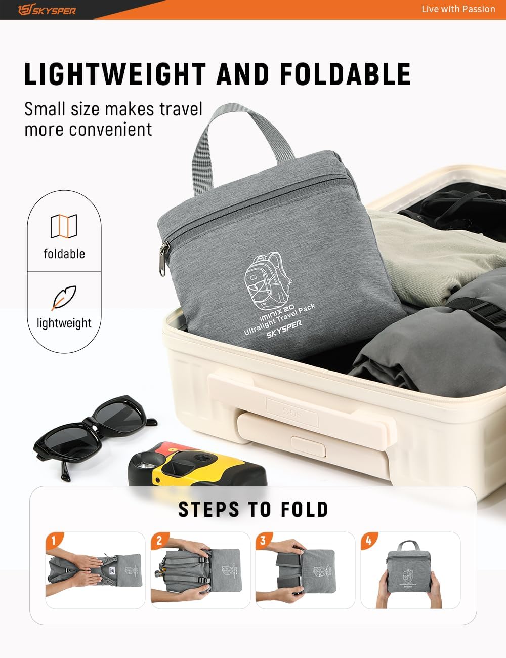 SKYSPER Foldable Small Backpack – 20L Lightweight Hiking Daypack with Chest Belt Packable Travel Rucksack for Women Men