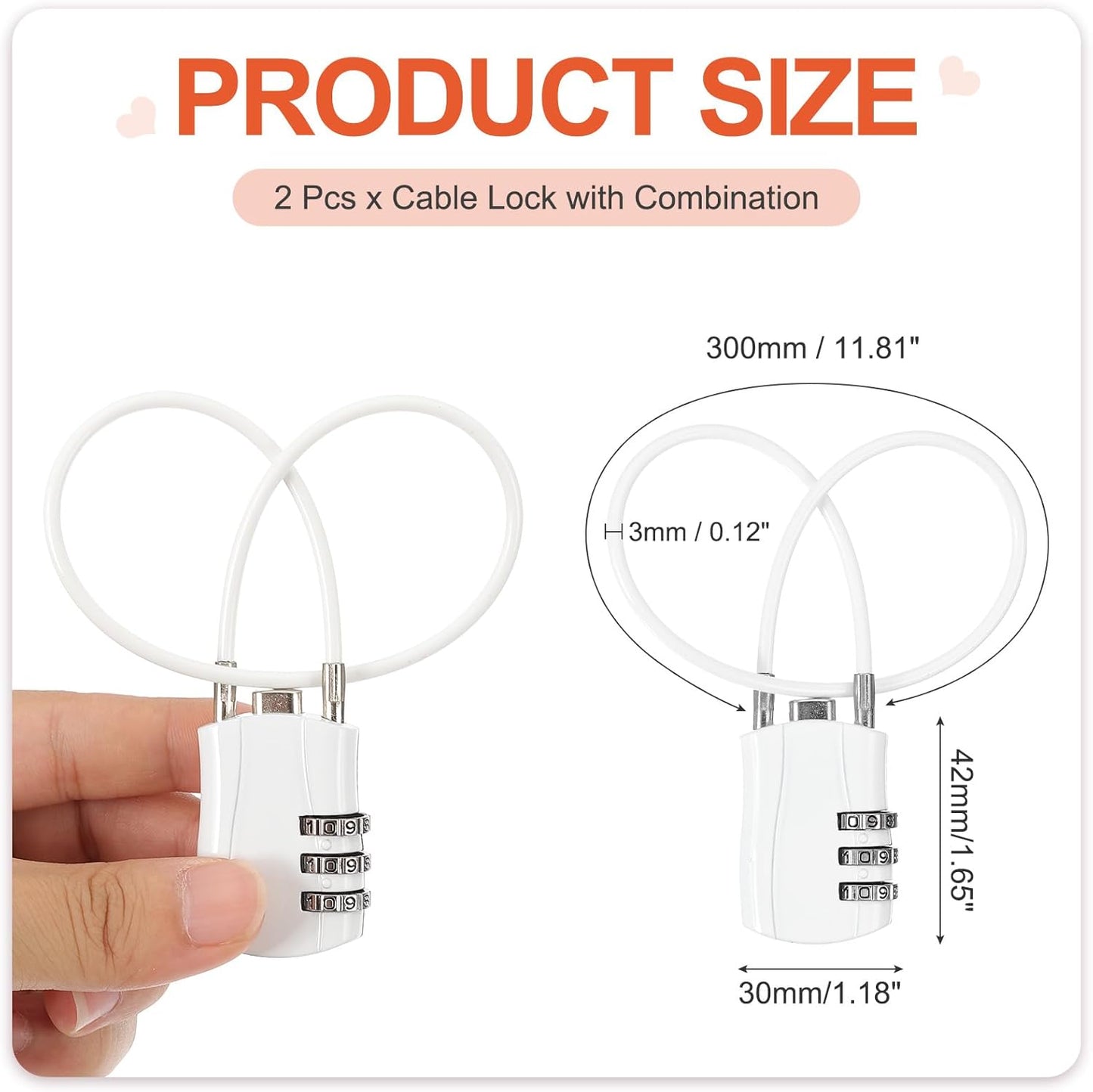 MECCANIXITY 2 Pcs Luggage Travel Lock, 3 Digit Cable Combination Lock 1-3/16" Width Body with 12" Long Cable for Suitcase Bag Cabinets Small Fences Gym, White