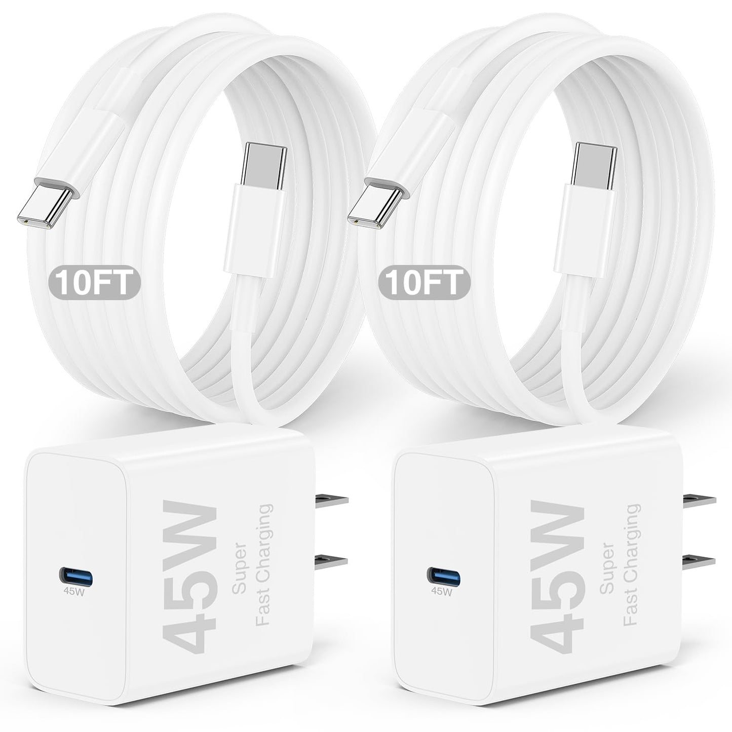 2Pack 45W iPhone 17 16 15 Charger Fast Charging and 10ft Type C to C Cable Cord Long, USB C Wall Charger Block Plug for Apple iPhone 17 Pro Max/17 Air/16 Pro Max/16/15 Plus/15 Mini/iPad Cube Brick Box