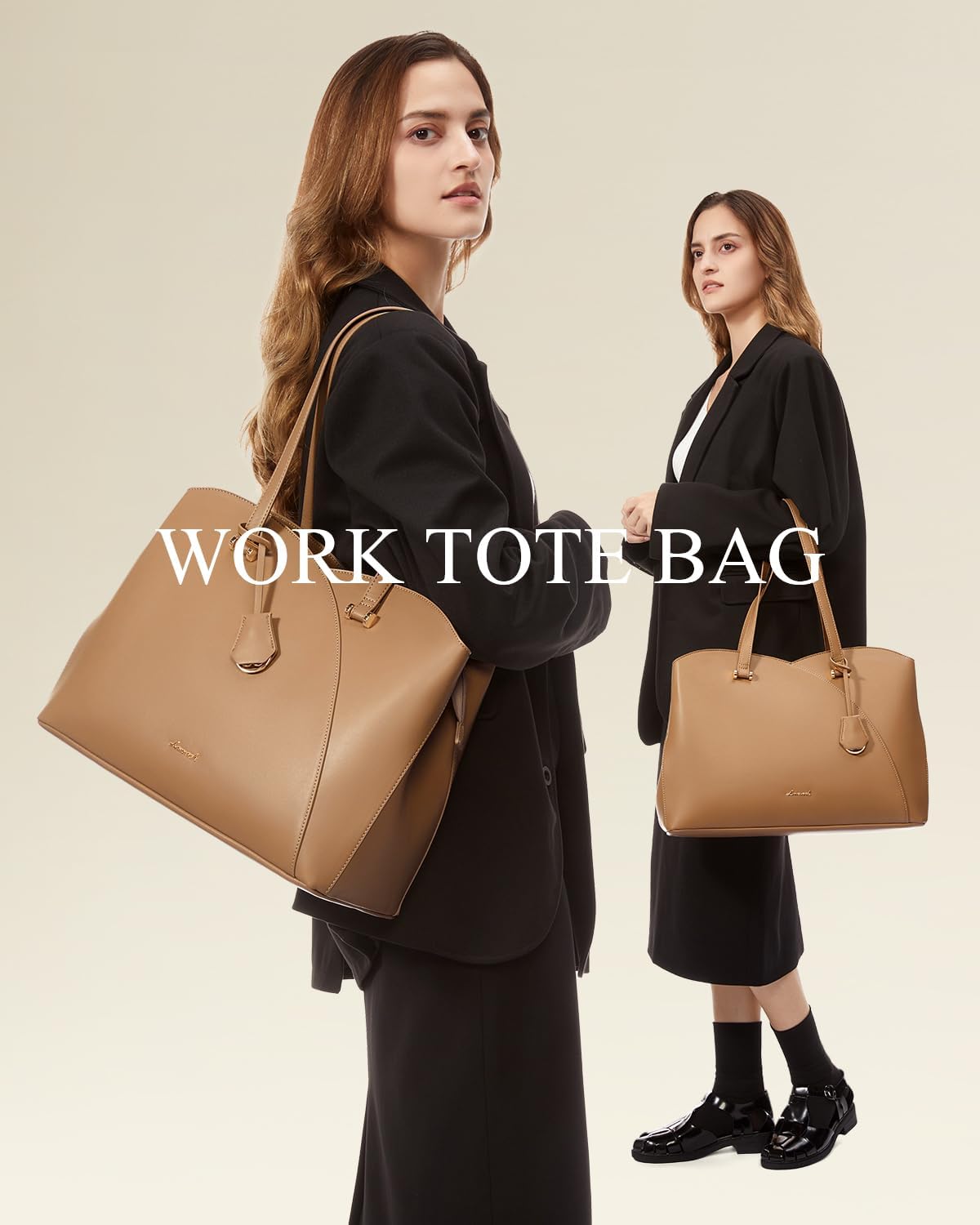 LOVEVOOK Work Laptop Tote Bag for Women, Leather Laptop Bag Teacher Tote Bag, Professional Computer Bag Large Purses Handbag, Beige, Fits 15.6 Inch Laptop