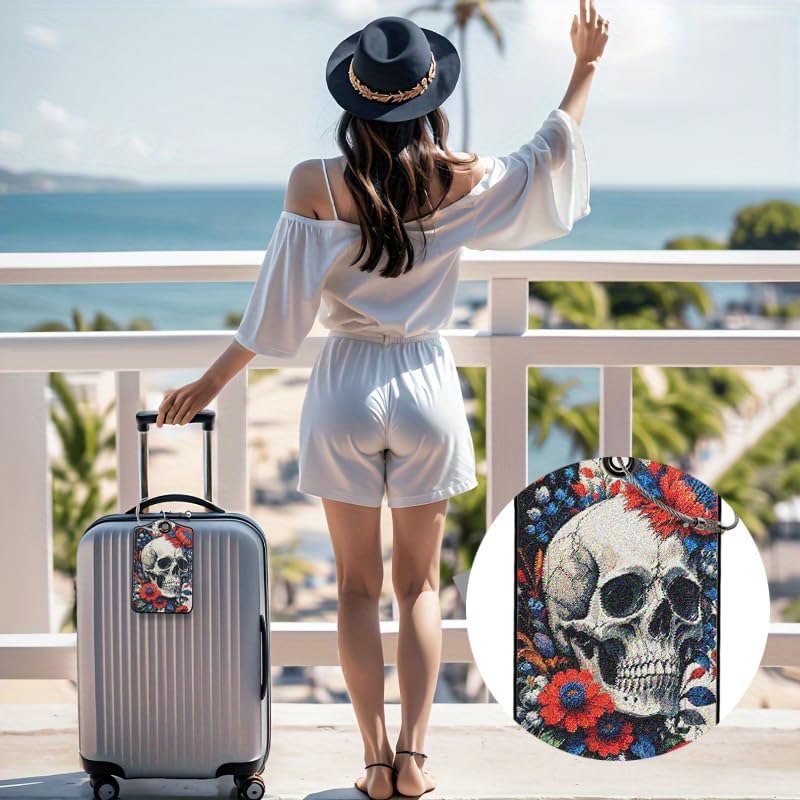 2 Pack SkullFlower Leather Luggage Tags for Suitcases, Travel Bag Tags with Privacy Cover ID Label with Stainless Steel Loop for Women Men Girls Backpack Gift (Grey Red)