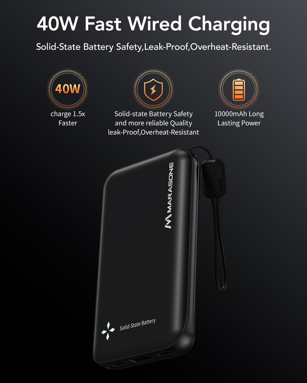 Solid State Portable Charger 10000mAh 40W PD,Needle-Proof:No Explosion/Fire,50% in 20min for iPhone 17/16/15,Samsung S25/S24,3 Outputs USB C Power Bank-Travel Essential for Google Pixel,iPad