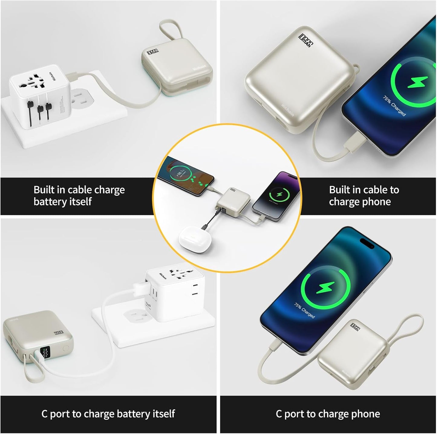 Hichain Small Portable Charger with Built in Cables LED Display, Mini Power Bank 10000mAh 22.5W USB-C Fast Charging Battery Pack, Travel Essential Power Bank for iPhone, iPad, Samsung, Android (Gold)