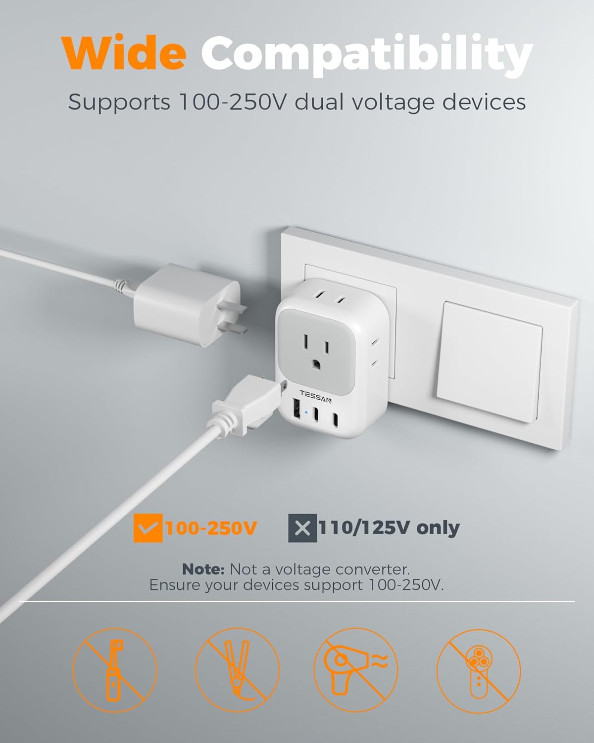 TESSAN Italy Travel Plug Adapter, Type L Adapter for Travel with 4 Outlets 3 USB (2 USB-C), Power Adaptor for US to Italy Chile Rome Uruguay Milan Libya