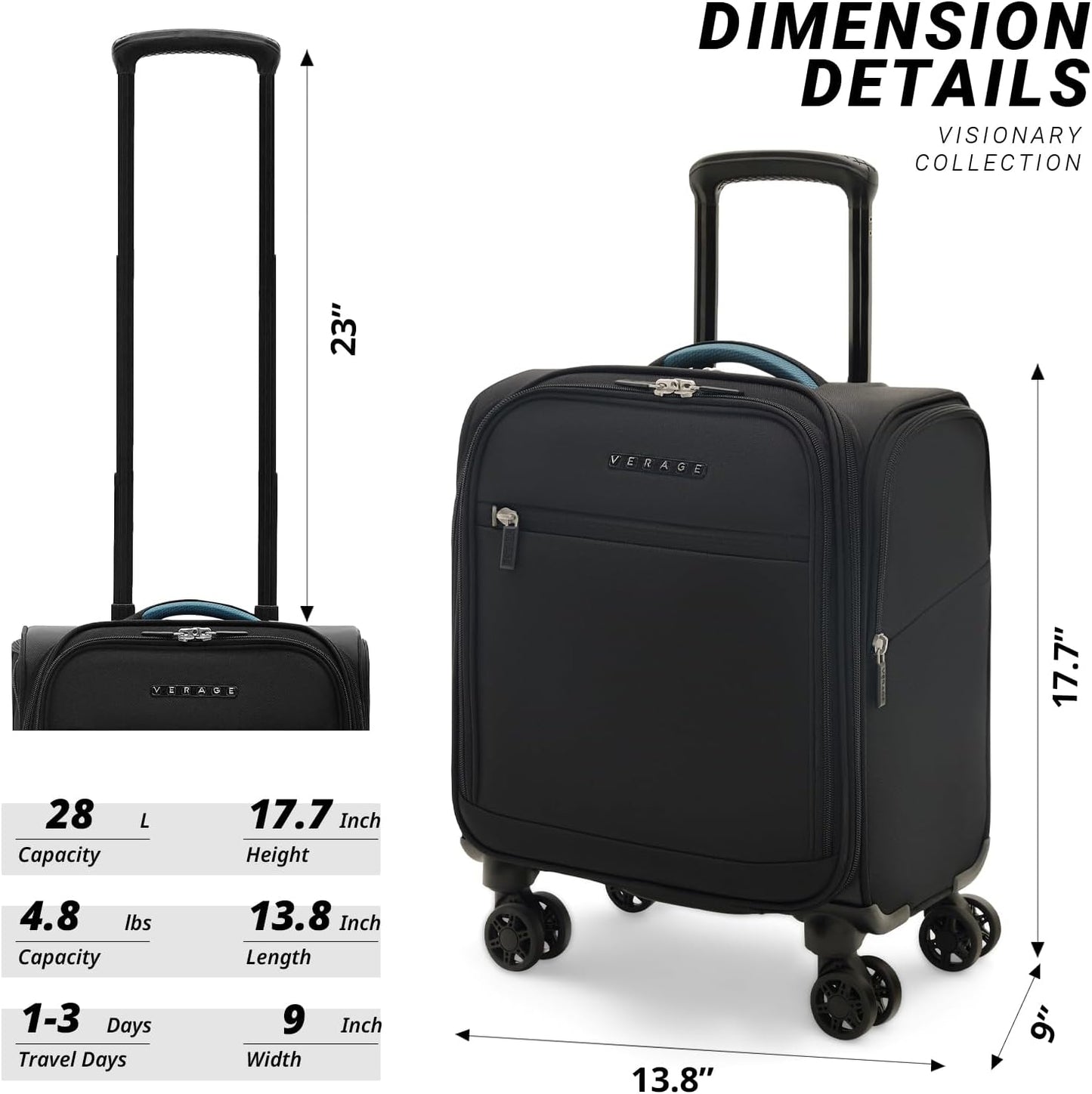 Verage Underseat Carry On Luggage with Wheels & USB Port,14 inch Wheeled Spinner Bag Carry-on Luggages for Airlines, Lightweight Suitcase Men Women, Pilots and Crew (14.5-Inch Plus Underseat Pro)