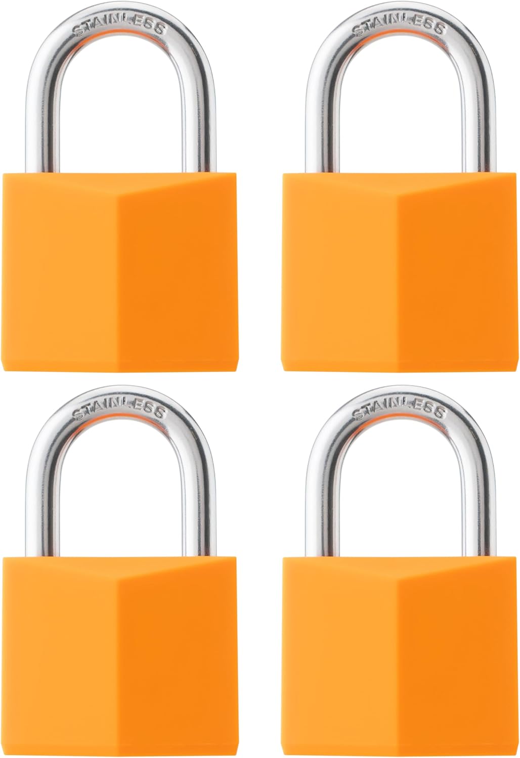 4-Pack Keyed Alike Locks, Orange Covered Brass Keyed Padlock with Stainless Steel Shackle, 1-9/16 Inch Lock Body, Rustproof Locks for Luggage Gate Fence Hasp Cabinet Toolbox Gym School Locker