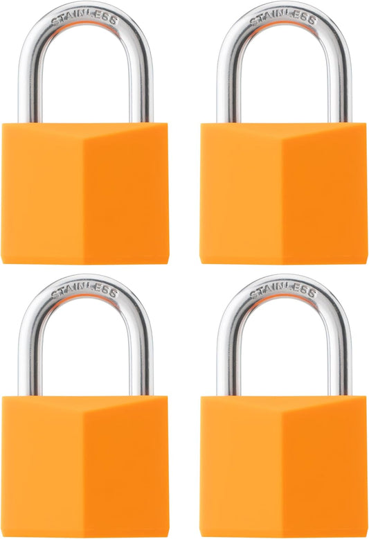 4-Pack Keyed Alike Locks, Orange Covered Brass Keyed Padlock with Stainless Steel Shackle, 1-9/16 Inch Lock Body, Rustproof Locks for Luggage Gate Fence Hasp Cabinet Toolbox Gym School Locker