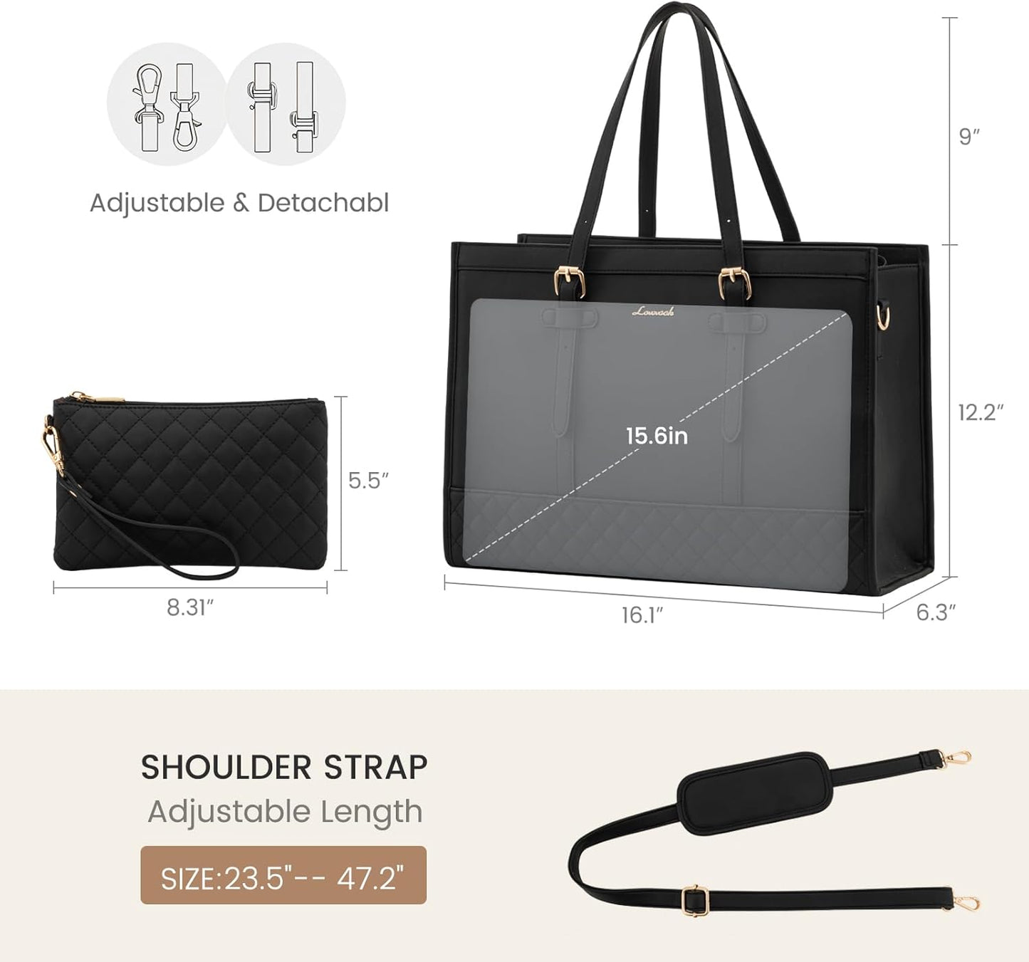 LOVEVOOK Women's 15.6 inch Laptop Tote, Waterproof PU Leather Computer Work Bag, Large Capacity