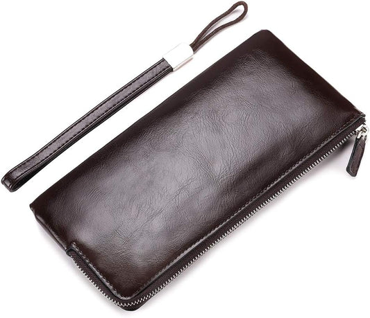 Minimalist Leather Wallets for Men Long Bifold Wallet Zip Around Clutch Travel Purse for Checkbook, Smartphone, Cash