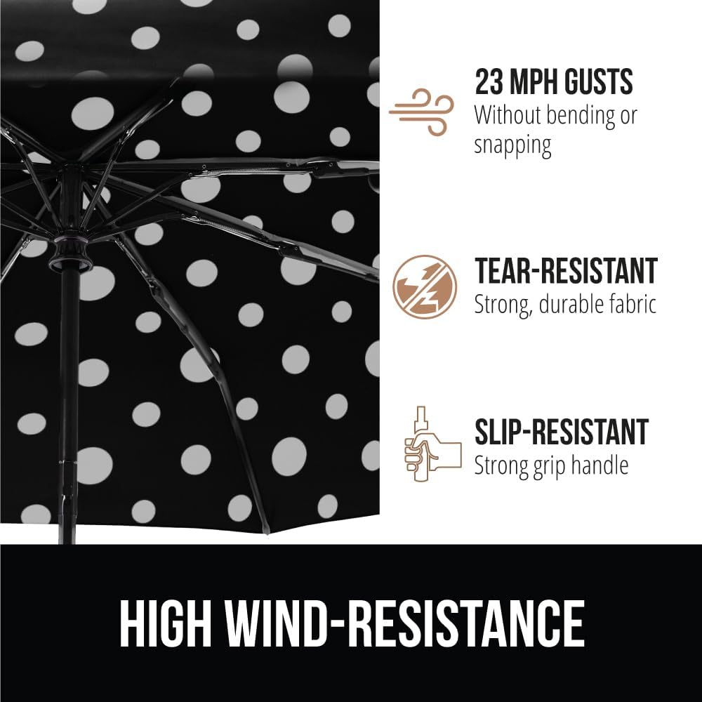 GORILLA GRIP Strong Windproof Stick Compact Umbrella for Rain, One-Click Automatic Open and Close, Durable Quick Dry Waterproof Material, Lightweight and Portable, Travel Size Fits Backpack Polka Dots