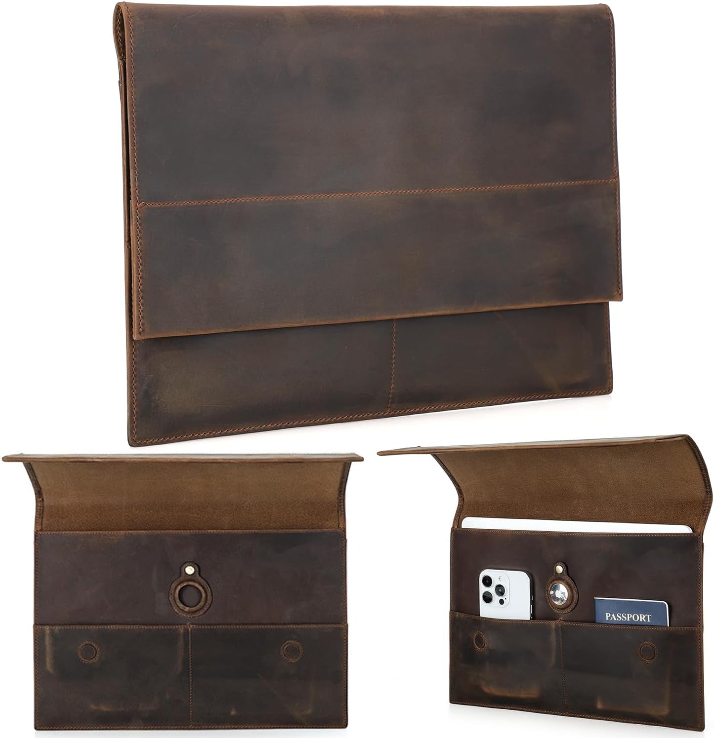 Top Grain Leather 13.3" Slim Laptop Sleeve Bag, Magnet Clasp Closure Design & 3 Pockets & Tracker Holder, Handmade, Compatible with MacBook Pro/Air 13.3"/Cellphone/Passport, Coffee 13.3 Inch