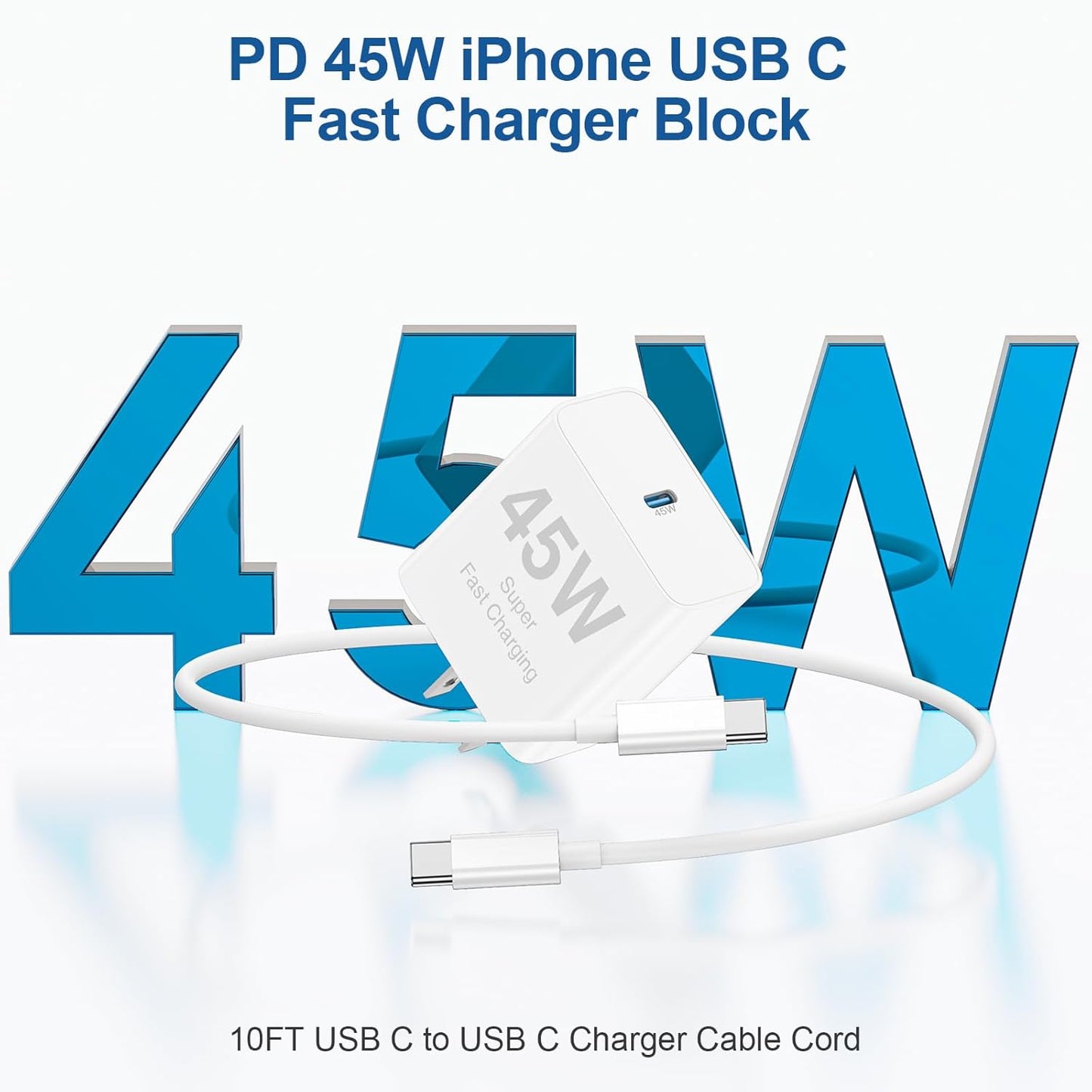 2Pack 45W iPhone 17 16 15 Charger Fast Charging and 10ft Type C to C Cable Cord Long, USB C Wall Charger Block Plug for Apple iPhone 17 Pro Max/17 Air/16 Pro Max/16/15 Plus/15 Mini/iPad Cube Brick Box