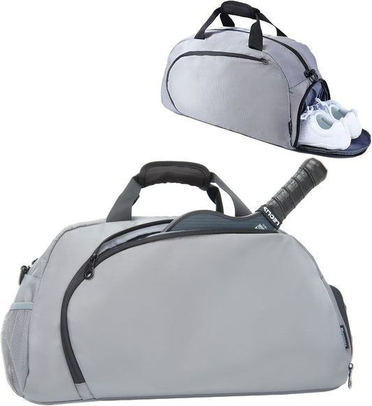 Small Gym Bag with Shoes Compartment & Wet Pocket,Unisex Sport Duffel Bag for Pickleball Paddle,Waterproof Workout Weekender Overnight Bags for Travel Yoga Swimming,Silver Grey