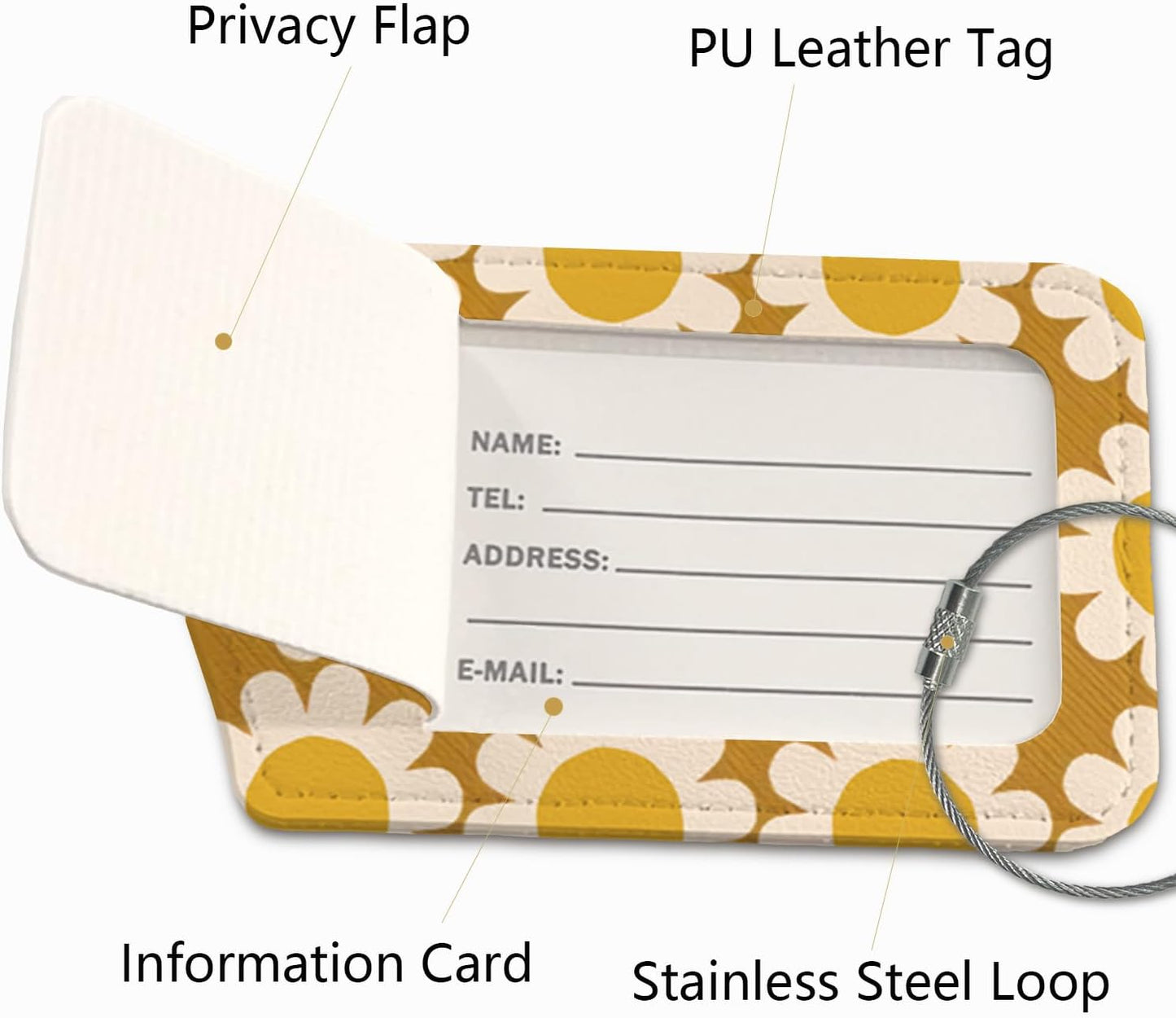 Flowers Luggage Tags for Suitcases,Yellow Flora 2 Pack Baggage Tag Label with Steel Loop,Handbag School Bag Backpack Traveling Accessories,Flora Gifts for Women