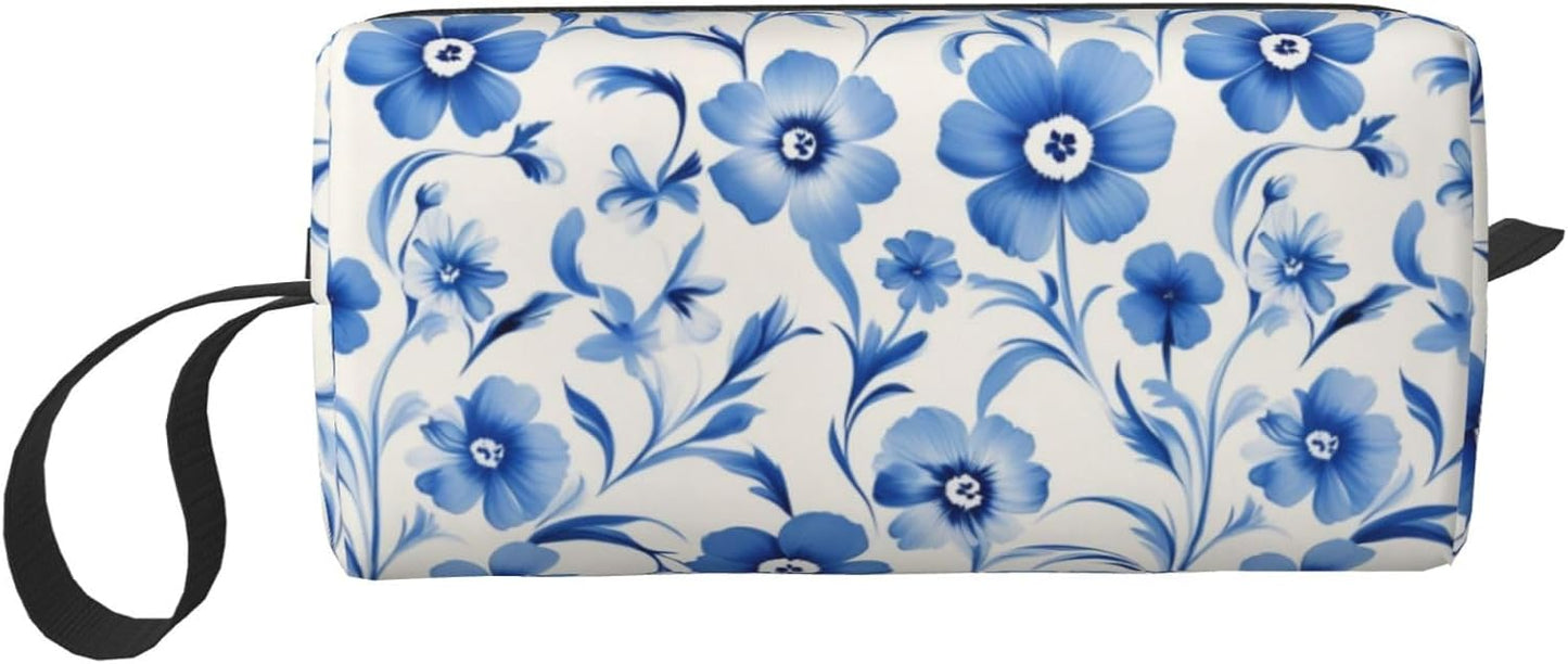 Blue Elegant Flower Makeup Bag Small Compact & Durable Travel Cosmetic Bag Organizer Oxford Fabric Multi-Purpose Storage Perfect for Travel, Gym, Daily Use