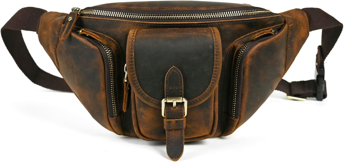 Thick Crazy Horse Leather Hiking Riding Travel Outdoor Belt Fanny Waist Pack Small Phone Pouch For Men Women 380 (380 Brown)