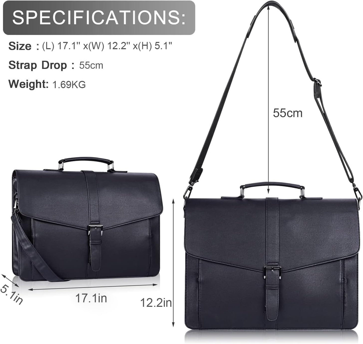 ESTARER Men's Leather Briefcase 17.3 Inch Laptop Computer Bag for Office/Business/Travel, Large Satchel Professional Leather Messenger Shoulder Bag, Black