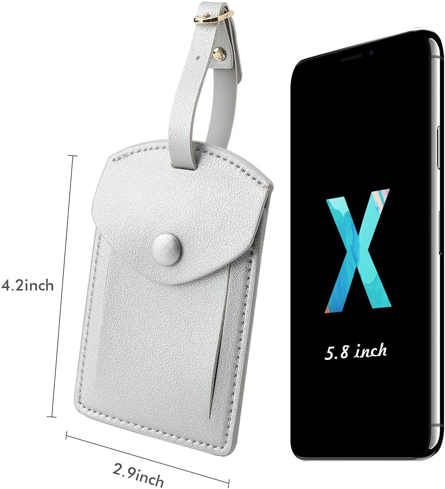 Kevancho Leather Luggage Tags for Men Women, Suitcase Labels Baggage Bag Tag ID Tags with Full Back Privacy Cover for Cruise Ships, Travel Accessories Tags Set of 2 PCS (Silver)
