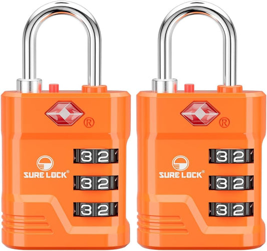 SURE LOCK TSA Locks for Luggage, TSA Approved Luggage Locks with Open Alert, 008 Key for High Security, Easy Read Dials, Zinc Alloy Body, Locker Lock for Suitcase, Gym, Travel. (Orange 2 pk)