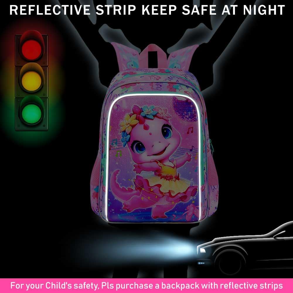 CCJPX 3PCS Dinosaur Backpack for Girls, 16 Inch Kids Ballet Preschool School Backpacks with Lunch Box, Cute Ballet Water Resistant Bookbag with Elementary Toddler Travel