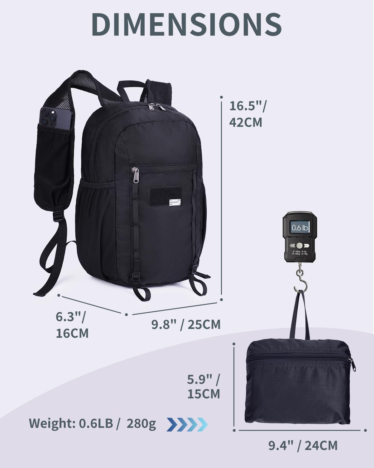 Blue Quartz 15L Small Hiking Backpack with Chest Pockets for Phone, Ultralight Hiking Daypack with Sternum Straps, Lightweight Foldable Packable Back Pack for Women Men(patent pending)