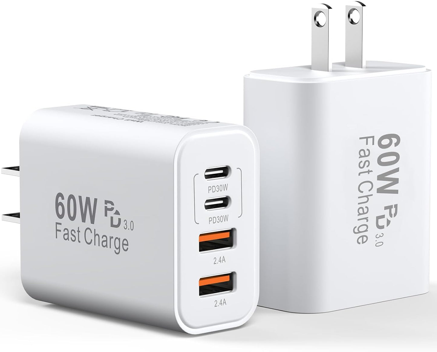 USB C Charger Block, 2Pack 60W 4 Ports Type C Fast Phone Charging Cubes PD USBC Wall Plug+QC 3.0 USB A Charger Head Power Brick Box for iPhone 16/15/14/13/12/11 Pro Max, Samsung Galaxy, Pixel