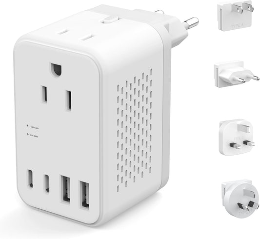 2000W 220V to 110V Voltage Converter US to Europe, Power Converter with Type C, A, G, I Plugs, 2 USB C & 2 USB A Ports, European Travel Converter for Hair Dryer, Curling Iron, Straightener, Chargers