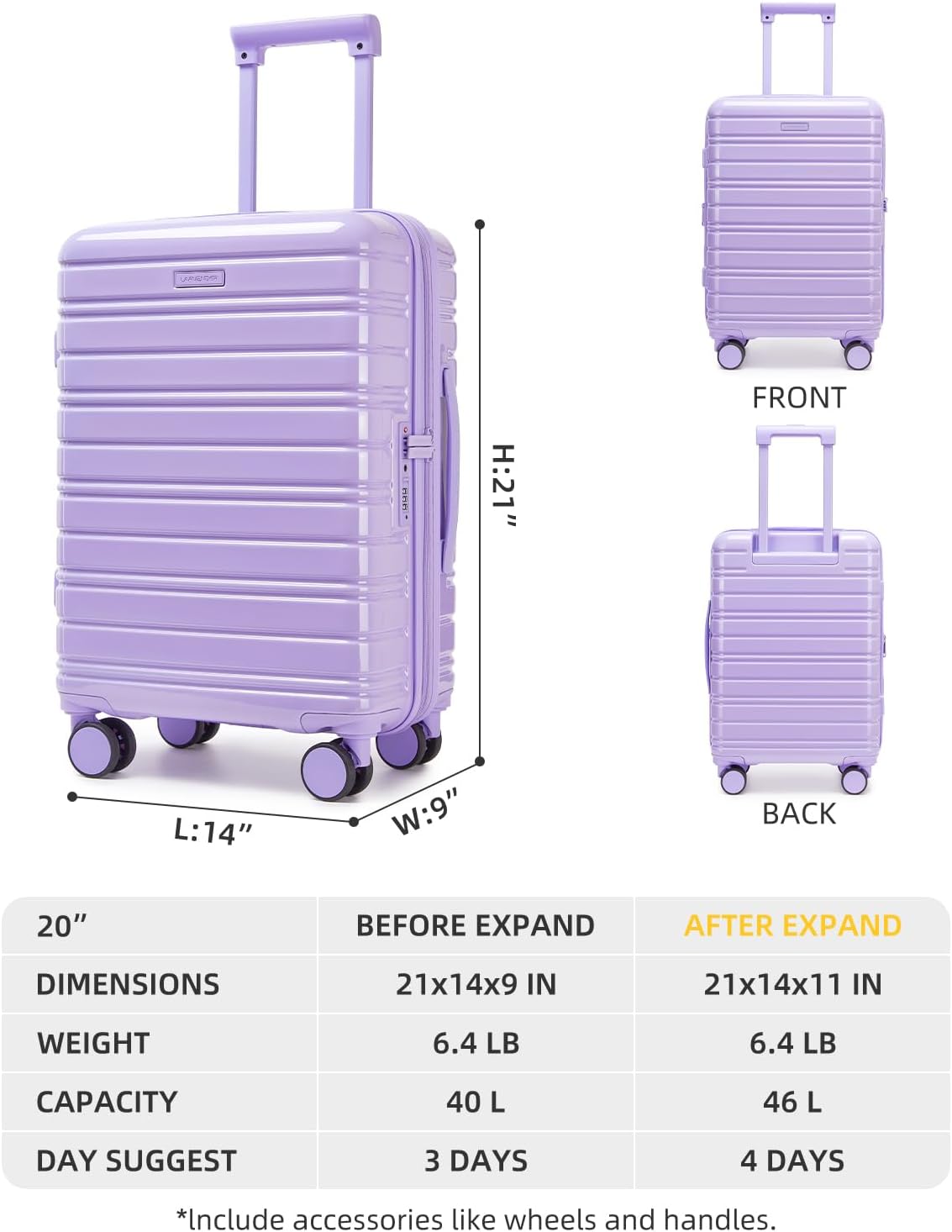 LARVENDER Carry On Luggage 22x14x9 Airline Approved, 20 Inch Expandable PC+ABS Hardside Suitcase Carry On Luggage with Spinner Wheels TSA Lock for Women Men (Lavender)