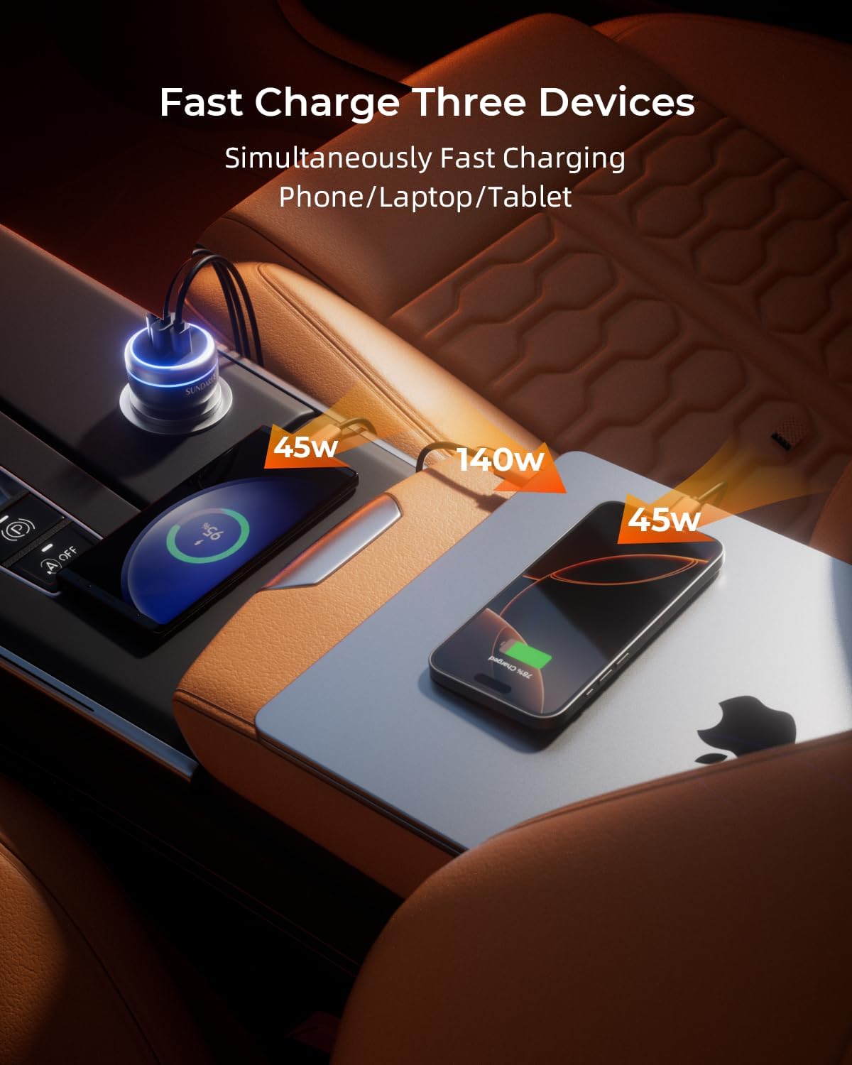 SUNDAREE 230W USB C Fast Car Charger, 3-Ports Mutiple Car Charger Adapter, Fast Charging PD140W/PPS63W/QC45W Compatible with iPhone16/15Pro/MacBook/iPad/Laptop/SamsungS24,Cigarette Lighter USB Charger