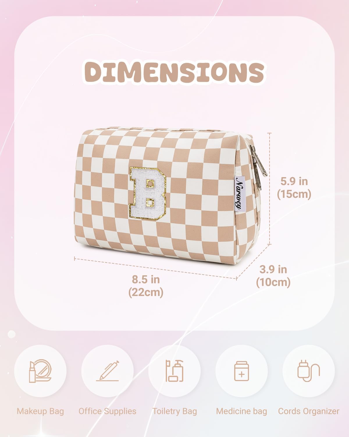 Narwey Birthday Gifts for Women Teen Girls Kids Personalized Initial Checkered Makeup Bag Cute
