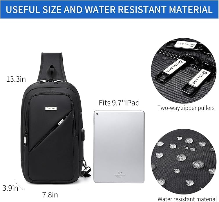 DUSLANG Crossbody Men Sling Backpacks with TSA Lock, Casual Shoulder Backpack Daypack Chest Bags with USB Charger Port For Camping Biking Travel Cycling