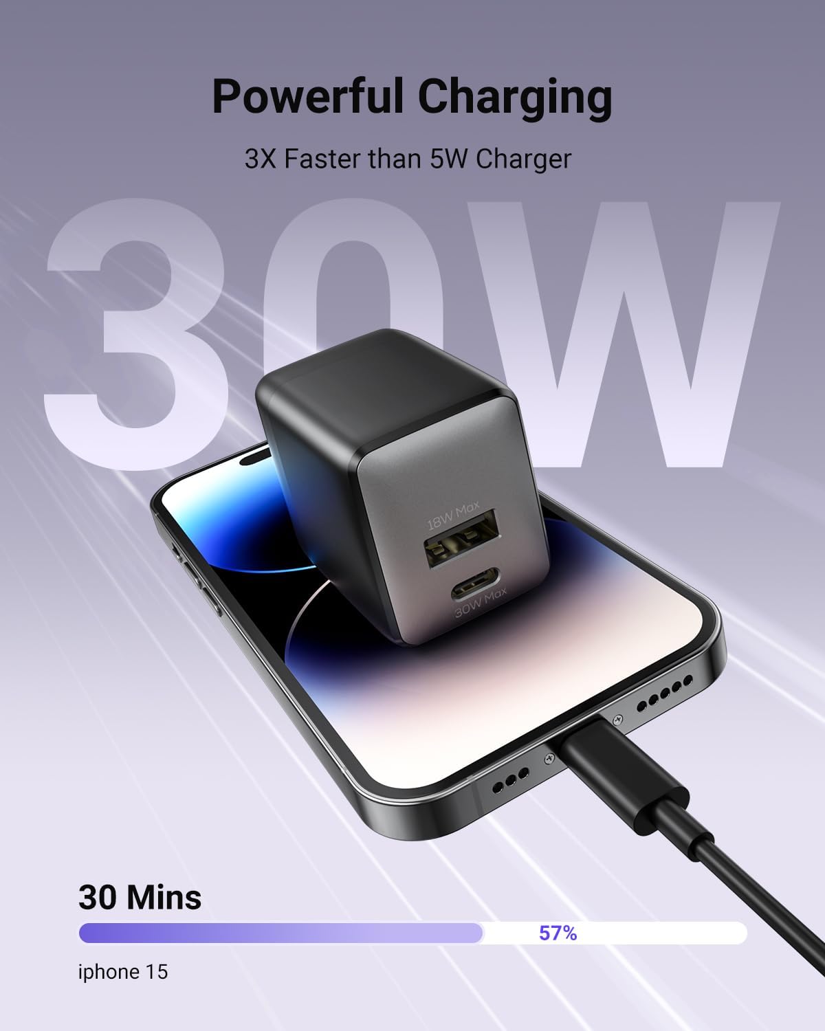 USB C Fast Charging Charger, 30W Dual-Port GaN Nano Charger with Foldable Plug for iPhone 16/15 Series, iPad, Galaxy S24 Ultra and More Series, (Black, 1 Pack)