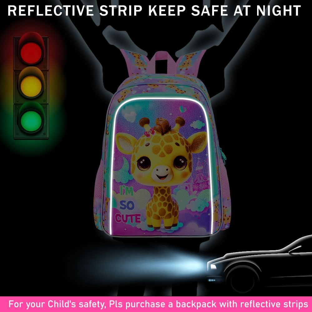 3PCS Girls Giraffe Bookbag, Water Resistant Kids Backpack Set with Lunch Box, Cute School Bag for