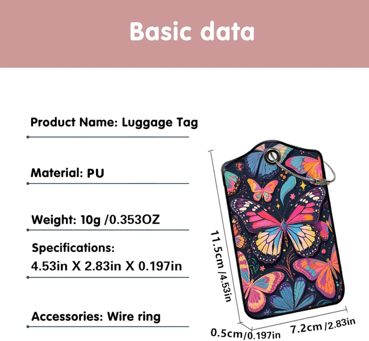 Butterfly Leather Luggage Tags for Suitcases, PU Cruise Ship Travel Bag Tags with Privacy Cover ID Label with Stainless Steel Loop for Women Men Girls Cute Backpack Gift 2 Pack (Blue)
