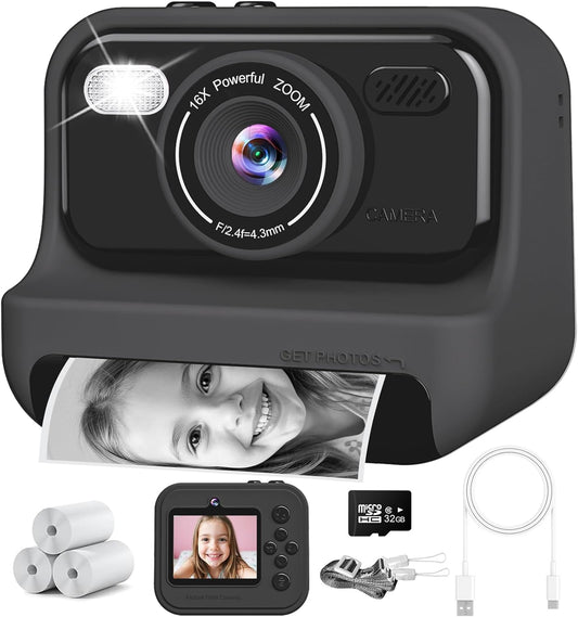 Instant Print Camera for Kids,2.4 Inch Screen Kids Instant Cameras, Christmas Birthday Gifts for Girls Age 3-12, Portable Toddler Toy for 3 4 5 6 7 8 9 10 Year Old Girls Boys，Black