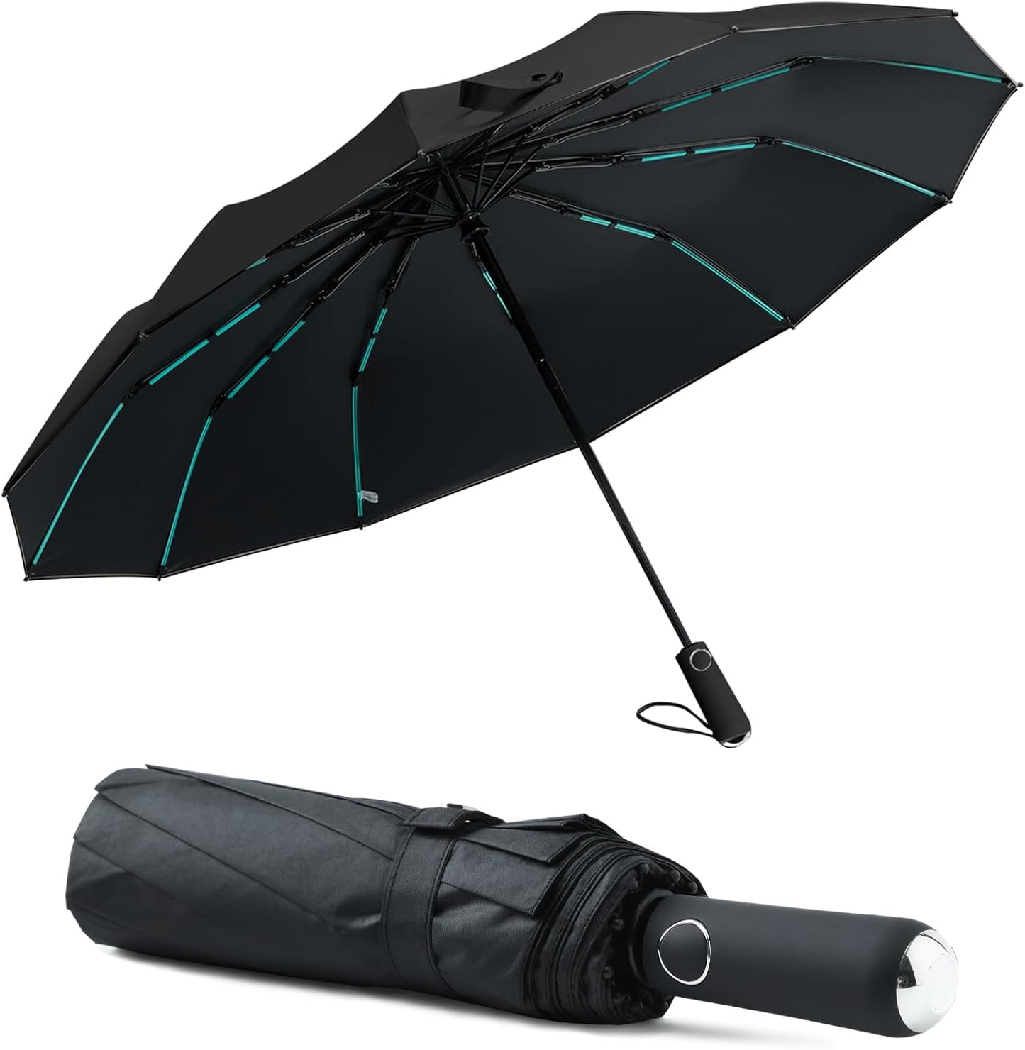 Large Double-Ribs Umbrella Automatic Folding Umbrella for Women Men, Travel, UPF 50+ UV Protection,46-Inch, 12 Ribs, Light Green