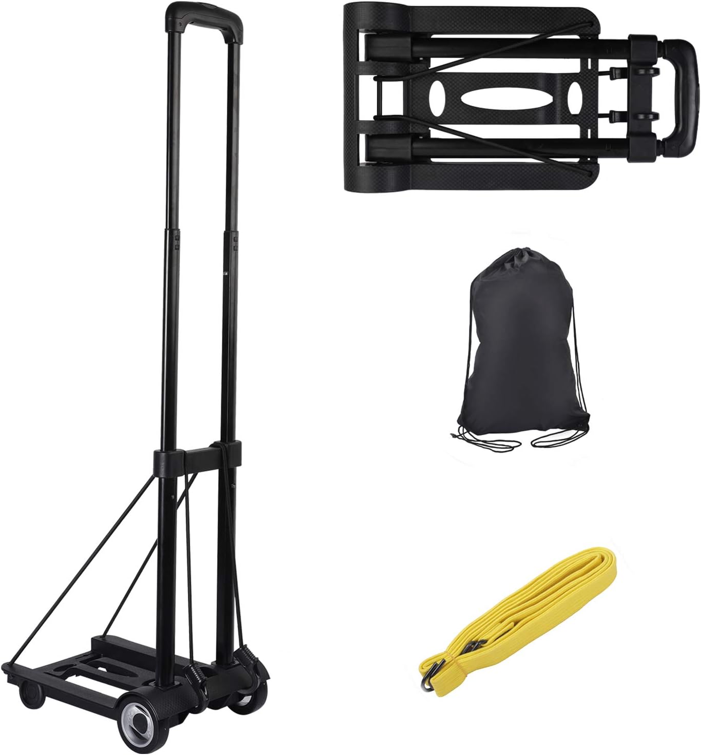 KINJOEK 25kg 55lbs Folding Hand Truck, Solid Construction Utility Cart for Luggage with 2 Oversized Wheels Bonus Bungee Cord, Collapsible, Lightweight and Compact Luggage Dolly Cart for Travel, Black