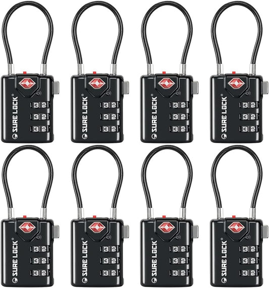 SURE LOCK TSA Compatible Travel Luggage Locks, Inspection Indicator, Easy Read Dials TSA Approved with Zinc Alloy (1, Black 8 Pack)