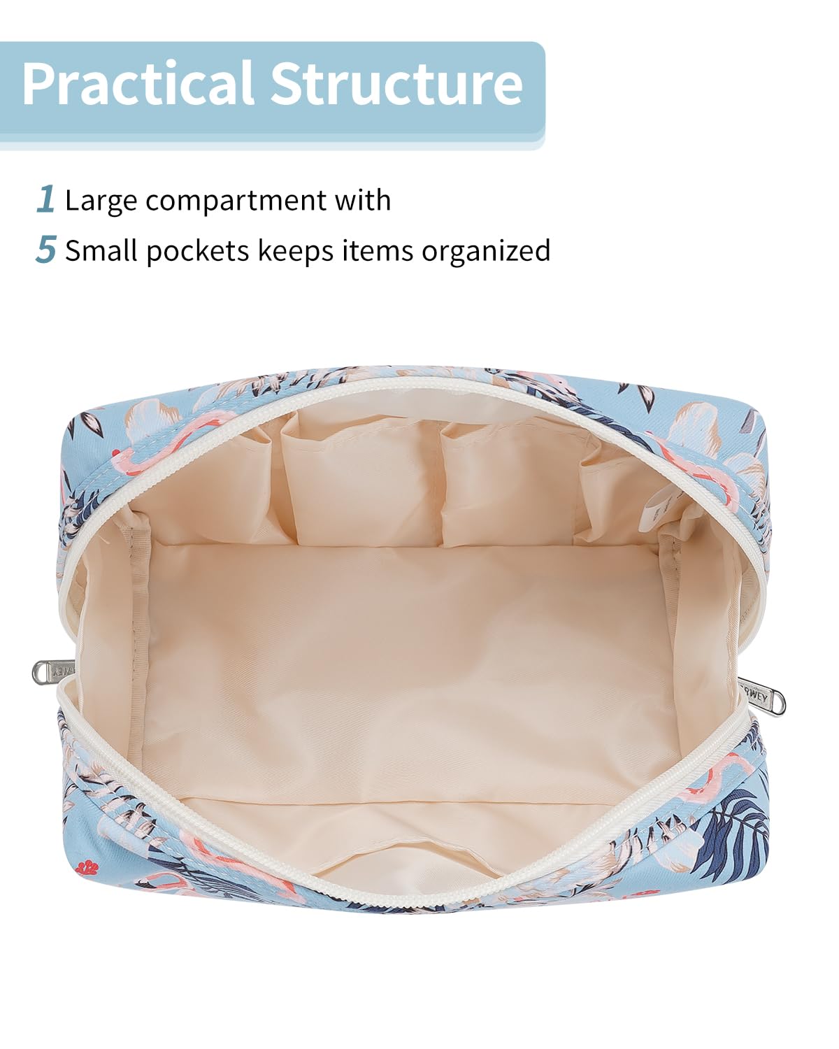 Narwey Cute Makeup Bag Travel Cosmetic Bag Organizer Toiletry Bag Make Up Bags with Compartments for Women Girls (Large, Aqua Flamingo)